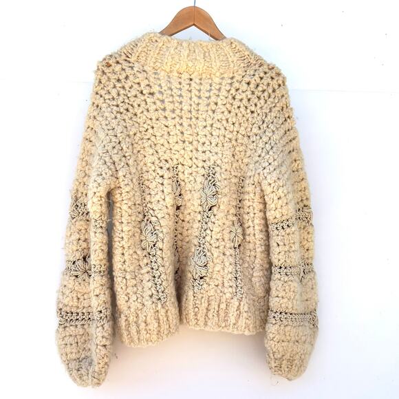 Vintage Norma Canada Sweater Chunky Knit Crochet Boho Beige Wool Full Zip Small - Picture 3 of 8